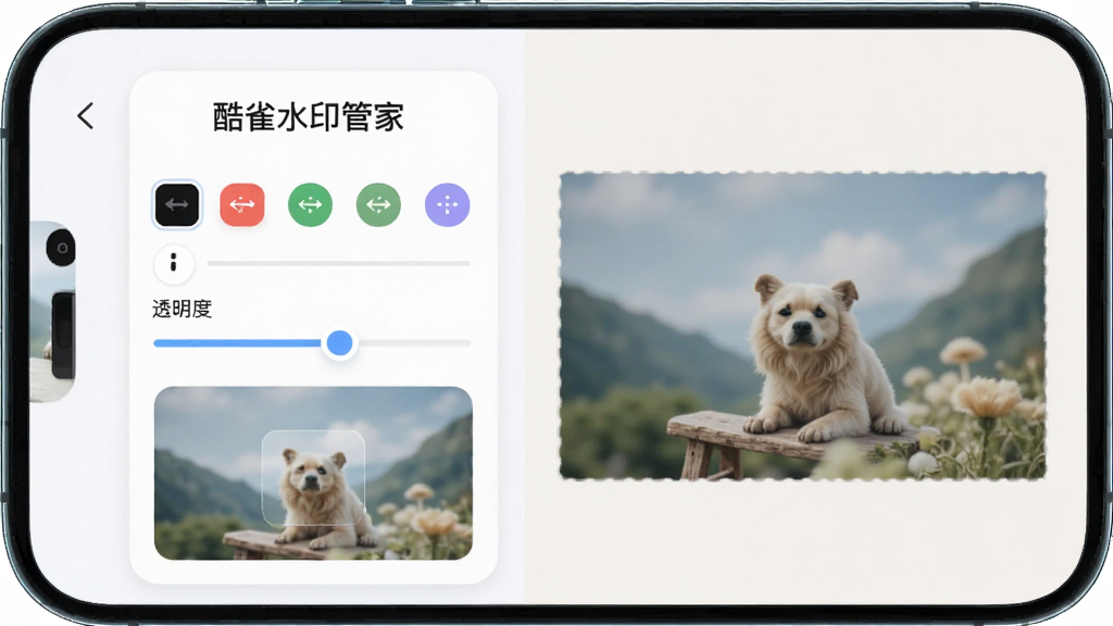 主体为酷雀水印管家加水印功能界面展示,布局为手机屏幕内显示文字水印编辑面板与图片预览区,排版上下结构,风格为柔和圆角卡片式设计,细节包含“酷雀水印管家”文字、字体颜色选择器、透明度滑块、水印预览效果、浅色背景,画质高清,干净,无多余元素