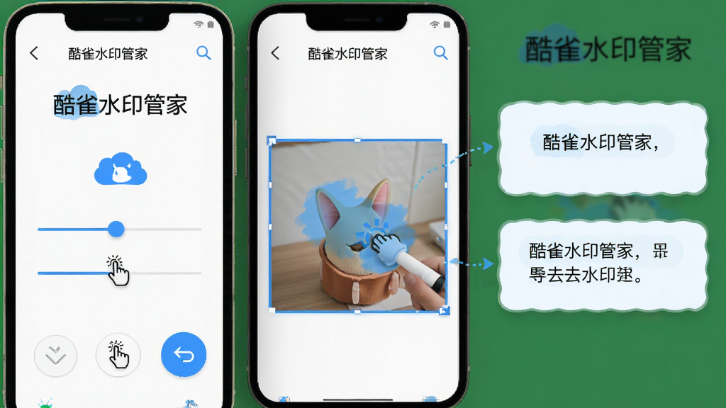 主体为酷雀水印管家手机界面操作示意图,布局为手机屏幕展示笔刷调节滑块与图片涂抹去水印过程,排版为竖向手机界面加右侧标注说明框,风格为清新浅色扁平化设计,细节包含“酷雀水印管家”文字、手指点击图标、撤销按钮、蓝色高亮选区、白色背景,画质高清,干净,无多余元素