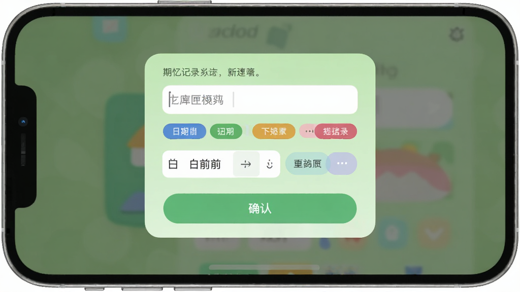 期忆匣软件内容创建界面示意图,画面展示手机屏幕内一个新建记录弹窗,包含文字输入框、日期选择器和标签按钮,背景为浅绿色调,风格扁平化设计,布局为居中弹窗叠加半透明遮罩,细节包含圆角输入框、彩色标签胶囊、确认按钮,画质清晰干净,无杂乱元素