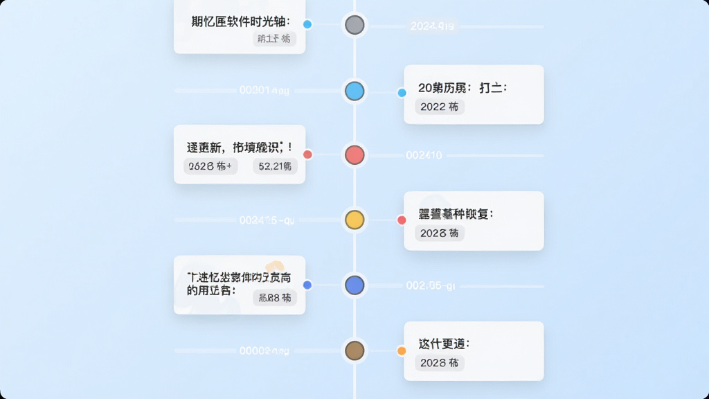 期忆匣软件时光轴界面展示图,画面主体为一条纵向延伸的时间线,线上分布多个圆形节点,每个节点旁附有简短文字卡片,背景为淡蓝色渐变,风格现代简约,布局居中对称,细节包含日期标签、彩色圆点标记、浅色分隔线,画质高清干净,无多余装饰元素