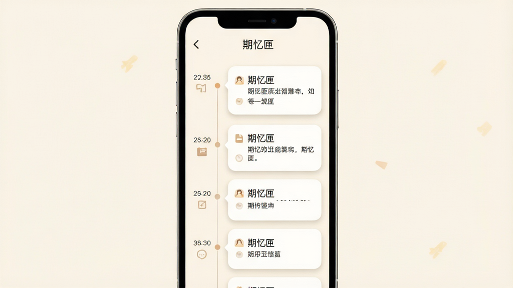 一张展示期忆匣软件主界面的手机应用截图,画面中央是简洁的时间轴列表,左侧为日期节点,右侧为文字记录卡片,背景为柔和米白色,顶部有