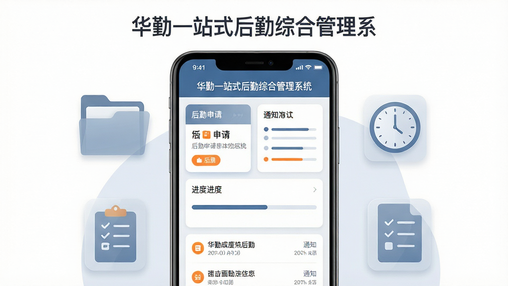 画面主体为一部竖屏安卓手机,屏幕中央展示“华勤一站式后勤综合管理系统”的应用主界面,界面包含后勤申请卡片、进度条与通知列表等模块;布局采用居中对称构图,手机两侧环绕半透明的文件夹、时钟、清单图标;排版简洁清晰,上方留白放置应用名称;风格为现代扁平化商务插画,蓝灰主色调搭配少量橙色点缀;细节包括图标圆角处理、卡片阴影柔和、界面文字清晰可辨;画质高清,画面干净,无多余元素