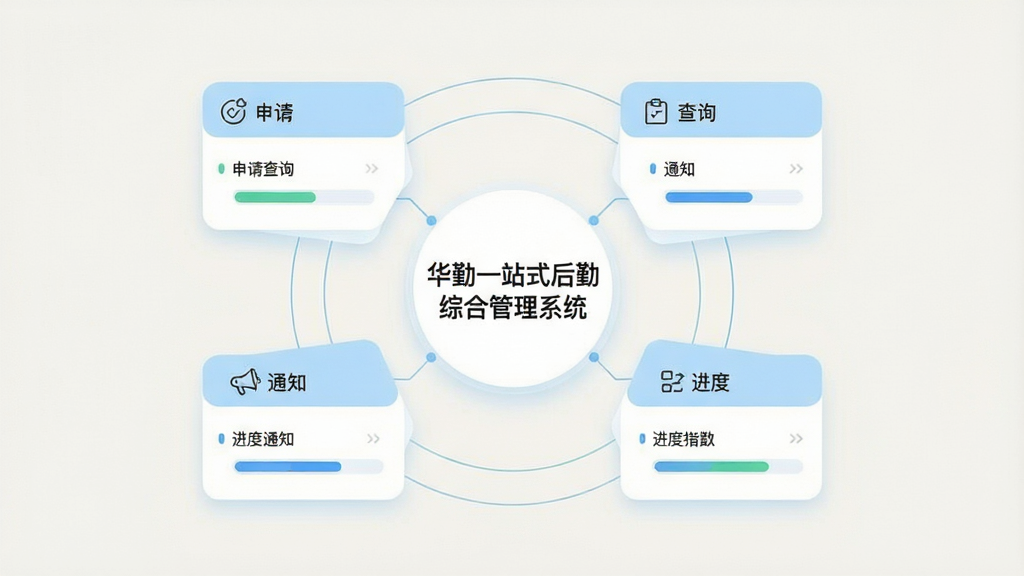 画面主体为一张悬浮在浅色背景上的数字仪表盘,中央标注“华勤一站式后勤综合管理系统”字样,四周分布申请、查询、通知、进度四类功能卡片;布局为环形放射式排版,卡片围绕中心均匀展开;风格为清爽的扁平化信息图,浅蓝与白色为主,辅以细线连接;细节包括卡片圆角、图标线性化、进度条填充自然;画质清晰,画面干净,无多余元素