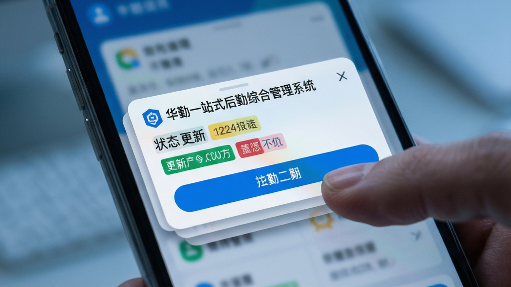 画面主体为一部手机屏幕特写,屏幕弹出“华勤一站式后勤综合管理系统”的消息通知卡片,卡片上显示状态更新文字与跳转按钮;布局为居中特写构图,背景虚化处理;风格为写实科技风,冷色调光影;细节包括通知卡片的层次阴影、状态标签的色块区分、手指轻触屏幕的动作;画质高清,画面干净,无多余元素