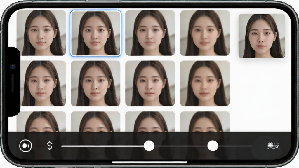 一张实况live相机免费软件滤镜与美颜功能界面生图,画面主体为手机屏幕展示多款滤镜缩略图与美颜滑杆,布局为网格状滤镜列表加底部调节栏,风格柔和清新,细节包含选中高亮框与人脸预览小窗,画质清晰干净,无多余元素