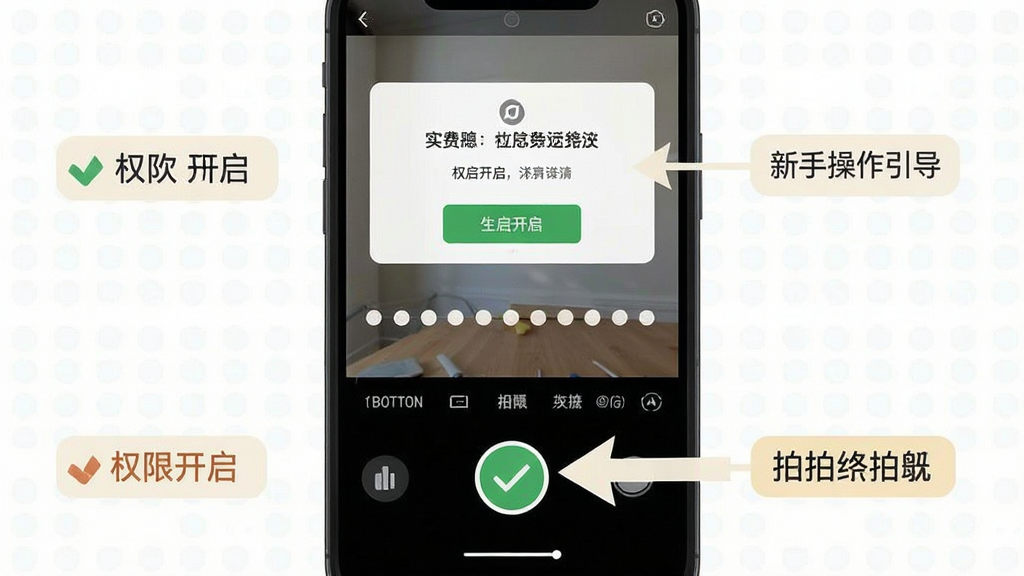 一张实况live相机免费软件新手操作引导示意图生图,画面主体为手机屏幕显示权限开启提示与拍摄界面标注说明,布局为上下结构,上方为权限弹窗,下方为拍摄按钮标注箭头,风格扁平化教学图示,细节包含勾选图标与文字标签,画质清晰干净,无多余元素