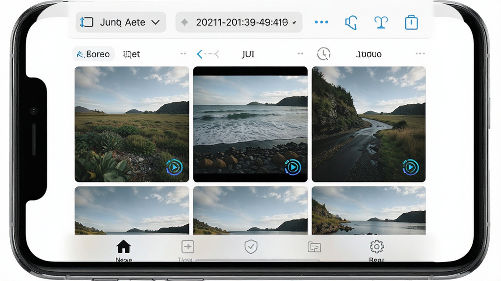 一张实况live相机免费软件相册管理界面生图,画面主体是手机屏幕显示按日期排列的实况照片缩略图网格,布局为三列网格加顶部时间筛选栏,风格清爽简约,细节包含照片右下角的动态标识与底部操作菜单,画质高清干净,无多余元素
