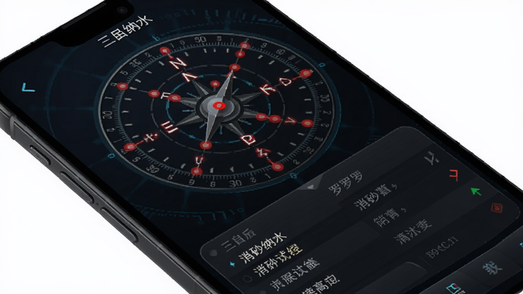 手机屏幕显示三合罗盘应用的消砂纳水功能界面,盘面上有若干红色标记点分布在不同方位,屏幕下方列出文字条目,背景为简洁的深色界面,风格科技感与传统文化结合,画质清晰,干净无多余元素