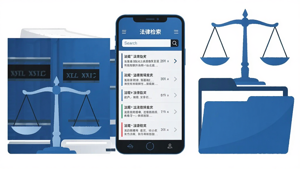 画面中央放置一部智能手机,屏幕显示法律检索类应用界面,界面中有法规条文列表与搜索框,手机周围环绕法律书籍、天平、文件夹等元素,整体采用蓝白配色,扁平化插画风格,布局简洁对称,细节清晰,画质干净,无多余元素