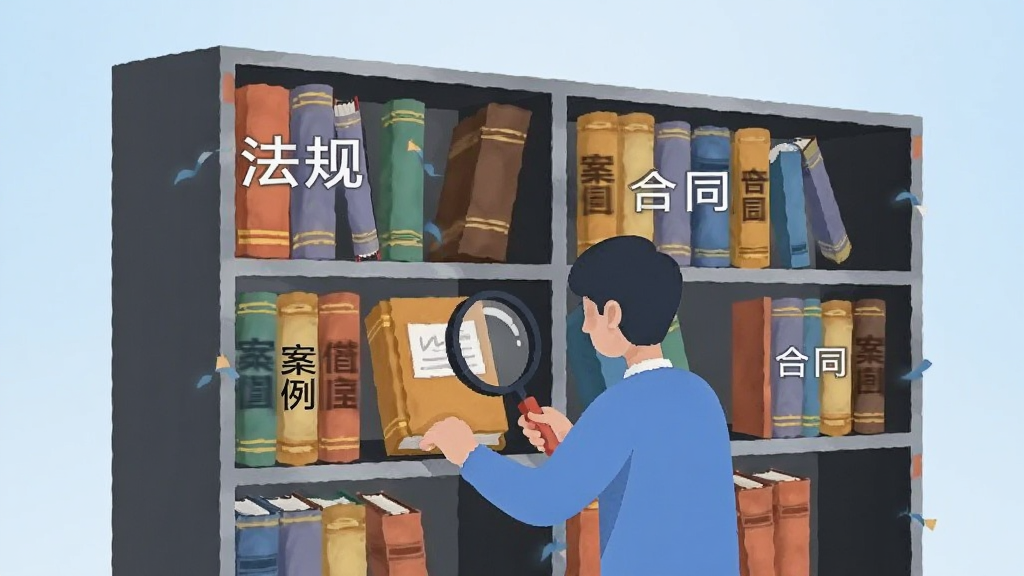画面主体为一排整齐排列的虚拟书架,书架上放置标注“法规”“案例”“合同”等字样的书籍,书架前有一位用户形象正在用放大镜查看其中一本书,背景为浅蓝色渐变,扁平化风格,布局横向展开,细节简洁,画质干净