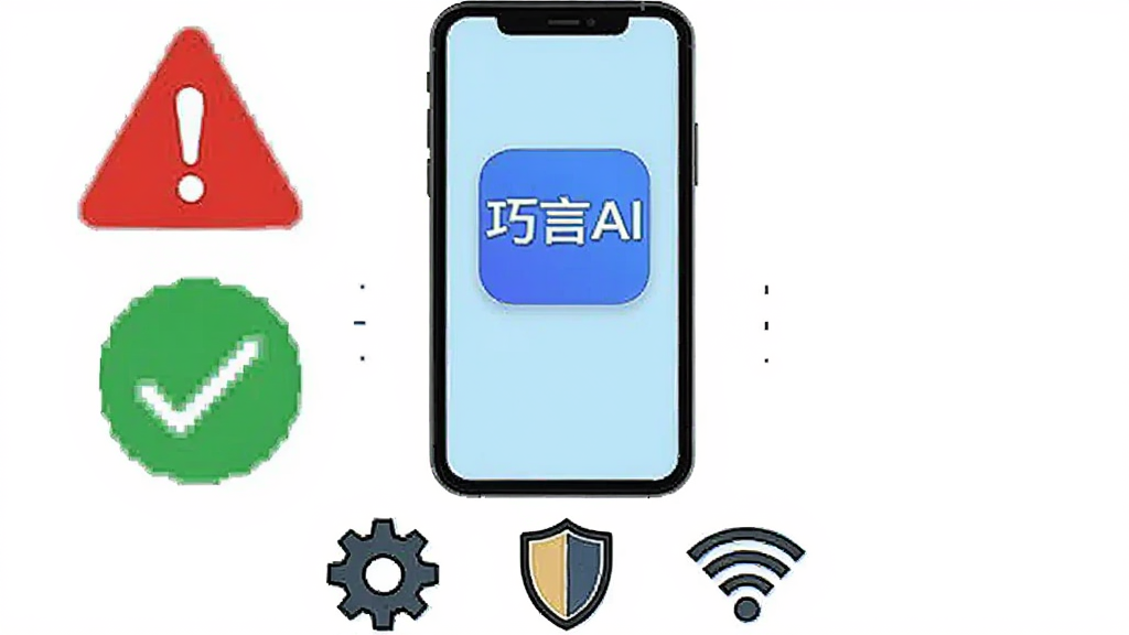 画面中央为一部手机,手机屏幕显示“巧言AI”应用界面,屏幕旁有一个红色警示图标和一个绿色对勾图标并列,手机下方排列齿轮、盾牌、Wi-Fi三个小图标,整体布局居中纵向排列,风格为简洁提示类插画,细节上图标线条清晰、配色以红绿蓝为主,画质干净清晰,无多余元素