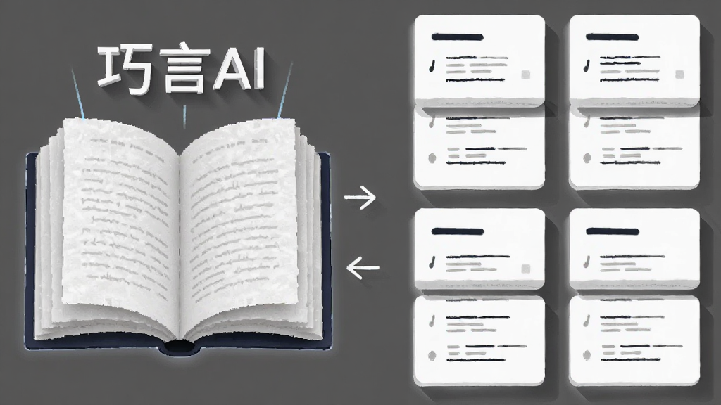 画面左侧为一本打开的书本,书本上方悬浮“巧言AI”文字标识,右侧为排列整齐的信息卡片,卡片上以线条示意要点条目,中间有箭头从书本指向卡片,整体布局左文右卡、横向展开,风格为简约商务插画,细节上卡片带有浅灰色投影、书本页面有细腻纹理,画质清晰干净,无多余元素