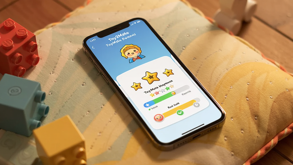 画面主体是手机屏幕中展示“Toy2Mate”任务奖励页面,页面中有星星图标和进度条,布局为手机斜放在彩色软垫上,排版以屏幕为视觉中心,风格为温馨家庭场景摄影风,细节包含旁边散落的积木块、屏幕上的卡通奖励徽章、柔和的暖色调光线,画质高清、干净、无多余元素