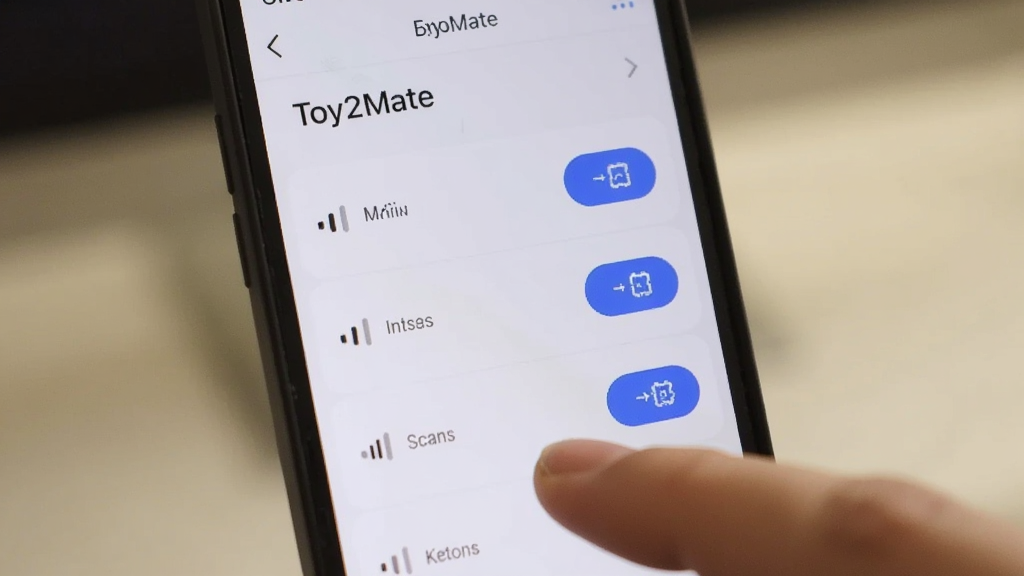 画面主体是手机屏幕特写,屏幕中展示“Toy2Mate”设备扫描列表界面,列表项带有信号强度图标和连接按钮,布局为手机居中、背景虚化处理,排版突出屏幕内容,风格为数码产品特写摄影风,细节包含手指轻触屏幕的动作、界面中的蓝色高亮按钮、周围柔和的室内光线,画质清晰、干净、无多余元素