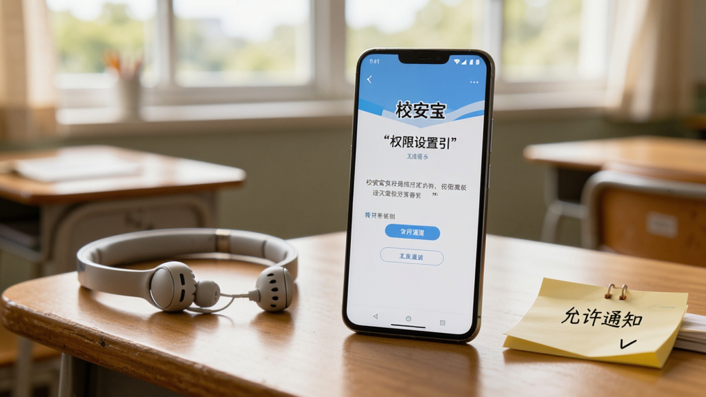 画面为一部安卓手机放置在木质桌面上,屏幕显示校安宝校园的权限设置引导页,手机旁边放着一副耳机和一张便签纸,便签上写着“允许通知”,背景为虚化的教室窗景,整体为温暖生活化风格,构图自然,文字加引号,画质清晰,画面干净无杂物