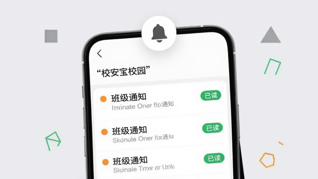 画面为一部手机屏幕特写,屏幕上是校安宝校园的通知列表页面,每条通知右侧带有绿色“已读”小标签,未读的显示橙色圆点,屏幕上方悬浮一个铃铛图标,背景为柔和浅灰,周围点缀少量几何图形,整体为清爽极简风格,布局居中,文字加引号标注“班级通知”,画质干净,无杂乱元素