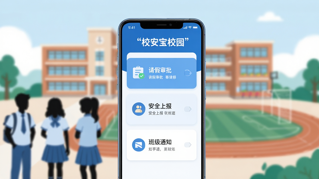 画面中央一部竖屏安卓手机,屏幕上显示校安宝校园应用主界面,界面包含请假审批、安全上报、班级通知三个卡片式入口,手机后方是虚化的校园教学楼与操场,左侧有几名穿着校服的学生剪影,整体采用清新蓝白配色,扁平化插画风格,构图干净整齐,文字使用引号标注为“校安宝校园”,画质清晰,无多余元素