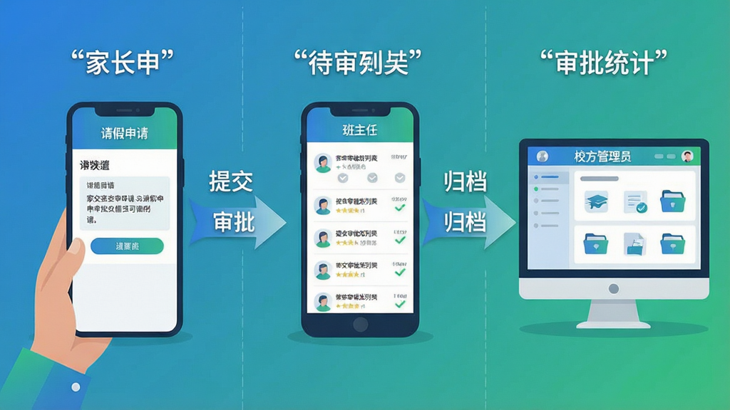 一张横向信息图风格插画,画面左侧是家长手机提交请假申请,中间是班主任手机显示待审批列表,右侧是校方管理员电脑端查看审批统计,三台设备之间用箭头连接,箭头旁标注“提交”“审批”“归档”字样,整体为蓝绿渐变配色,扁平商务插画风格,布局三等分对称,画面干净,文字加引号,画质清晰