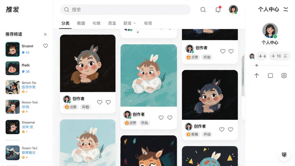 画加软件主界面全貌展示,画面中央为绘画作品信息流瀑布流布局,顶部有搜索栏与分类导航,左侧为推荐频道,右侧为个人中心入口,整体采用明亮清爽的浅色系UI风格,细节包括作品缩略图卡片、点赞收藏按钮、创作者头像与标签,画质清晰干净,无多余元素