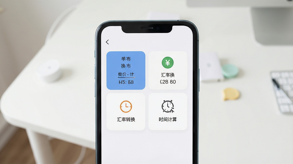 一张展示生活换算计算器软件主界面的手机截图风格图片,画面中央为手机屏幕,屏幕内呈现简洁的换算工具界面,包含单位换算、汇率转换、时间计算等功能入口图标,背景为干净的浅色桌面环境,整体风格清新现代,细节清晰,画质干净无多余元素