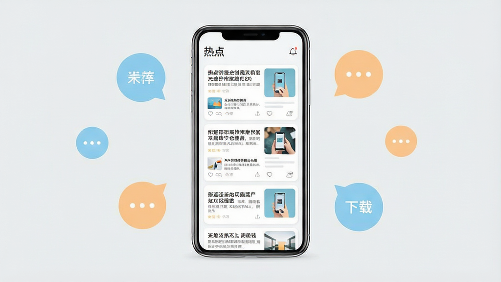 一张展示移动端资讯应用界面的产品示意图,画面中央是一部竖屏智能手机,手机屏幕上显示着以卡片式信息流排列的热点话题列表,每张卡片带有标题文字和缩略图,手机整体置于浅灰色纯色背景之上,周围点缀几个简洁的圆形话题气泡图标,整体风格为清爽扁平化UI设计,色调以白、浅蓝、浅橙为主,画面干净整洁,无多余装饰元素,高清画质,适合软件下载站配图使用