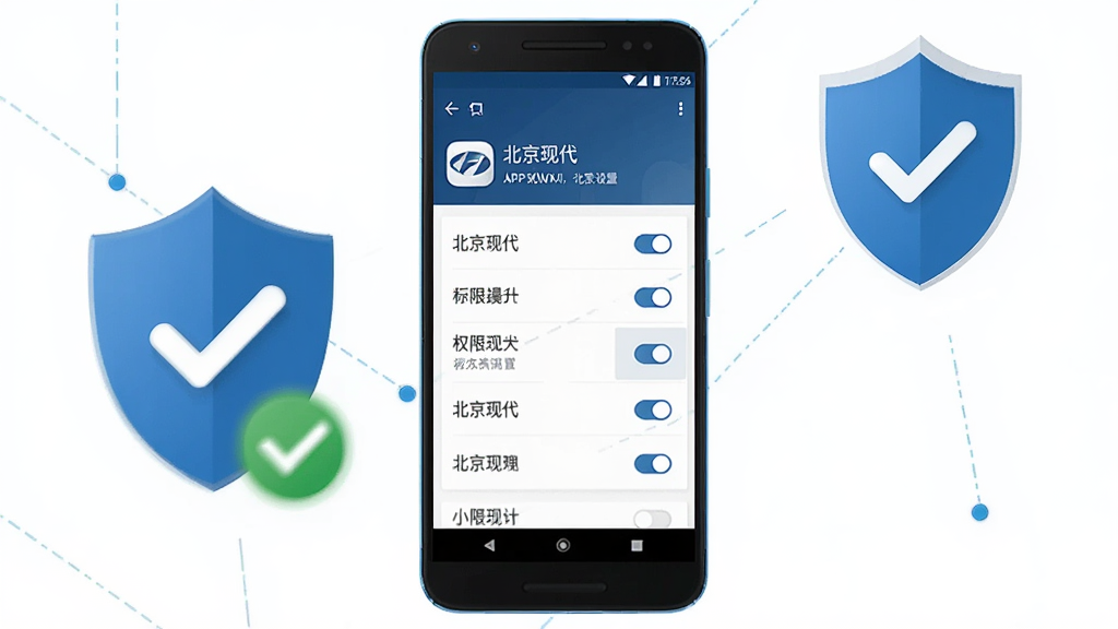 主体为一部安卓手机显示北京现代APP权限设置界面,旁边有盾牌图标与勾选标记;布局为手机居中,盾牌图标在右上角;排版为简洁信息图风格;风格为安全提示科普风;细节包括界面中的“北京现代”应用名称与权限开关;画质高清,画面干净,无多余元素