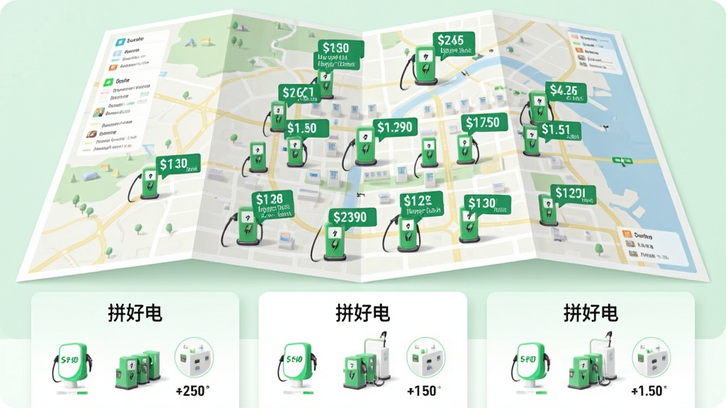 画面主体为一张展开的城市充电地图,地图上分布着多个绿色充电桩图标,每个图标旁标注不同价格数字标签;地图下方排列三张价格对比卡片,卡片上写有“拼好电”字样;采用清新浅色信息图风格,布局上地图占主要面积,卡片横向排列于底部,细节突出价格高低对比,画质干净清晰,无杂乱元素