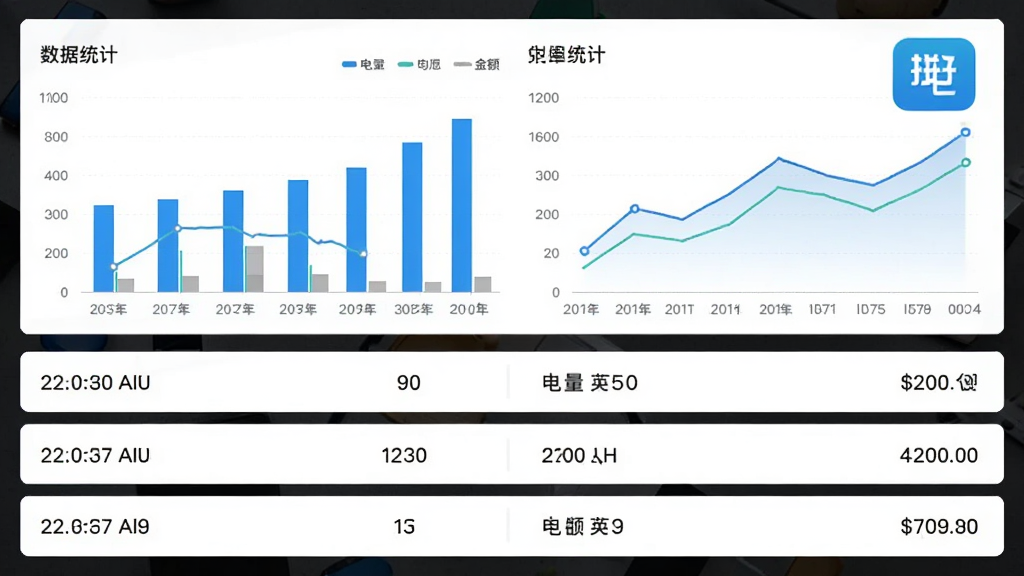 画面主体为一块数据统计看板,看板上展示柱状图与折线图,图表旁标注“拼好电”应用图标;看板下方排列三行账单记录条目,条目中包含时间、电量与金额字段;采用简约商务信息图风格,布局上图表居上、记录居下,细节突出数据变化趋势,画质清晰锐利,无杂乱装饰
