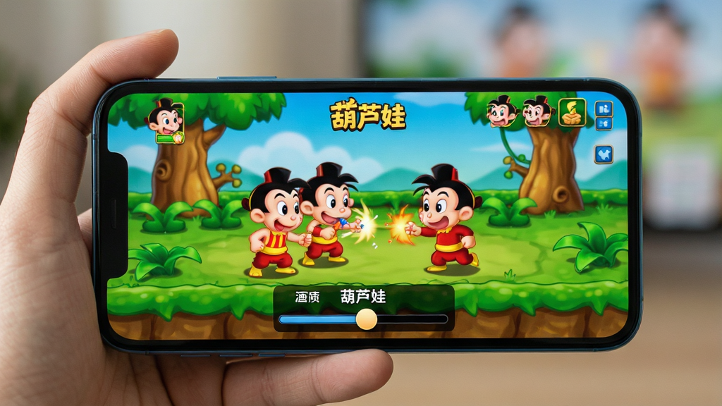 画面主体为手机屏幕中运行葫芦娃游戏的画面,布局采用手持手机的特写构图,屏幕居中,背景虚化,排版突出游戏画面与设备适配概念;风格为数码产品展示风,光线柔和;细节包括手机边框、屏幕中的战斗场景、画质设置滑块;画质清晰,画面干净,无多余元素,图中标注文字“葫芦娃”