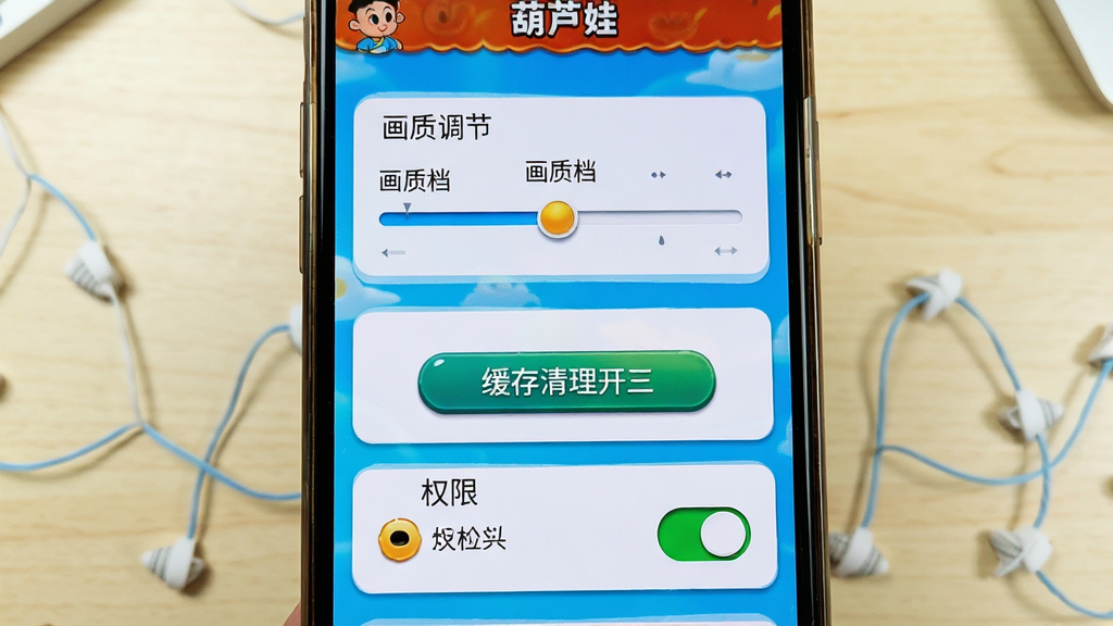 画面主体为手机屏幕显示葫芦娃游戏设置界面,布局采用竖屏特写构图,屏幕占据画面主体,背景为浅色桌面,排版突出画质调节与权限开关选项;风格为数码教程示意图风,光线明亮;细节包括画质档位滑块、缓存清理按钮、权限开关图标;画质清晰,画面干净,无多余元素,图中标注文字“葫芦娃”