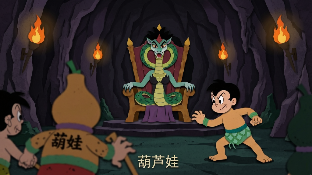 画面主体为蛇精洞府内的幽暗场景与葫芦娃对峙蛇精的瞬间,布局采用纵深透视构图,前景为葫芦娃背影,中景为蛇精王座,背景为岩壁与火把;风格为复古剪纸动画风,色调偏暗紫与墨绿;细节包括岩壁纹理、火把光晕、蛇精鳞片、葫芦娃蓄力姿态;画质清晰,画面干净,无多余元素,图中标注文字“葫芦娃”
