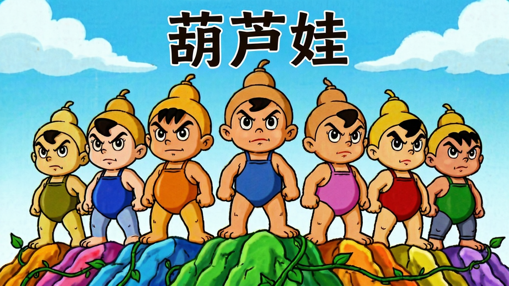 画面主体为七位葫芦娃并排站立的英雄群像,布局采用居中对称构图,上方留出天空区域,排版以角色展示为核心;风格采用国产动画复古手绘风,色彩饱和度高;细节上每位葫芦娃身穿不同颜色肚兜、头顶小葫芦、表情坚毅,脚下是七彩山石与藤蔓;画质清晰,画面干净,无多余元素,图中标注文字“葫芦娃”
