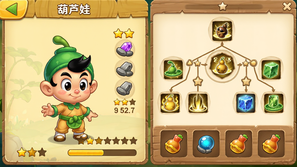 画面主体为葫芦娃角色养成界面,布局采用左右分栏构图,左侧为角色立绘与等级信息,右侧为技能树与装备栏,排版整齐有序;风格为现代手游UI界面风,配色以暖黄与木色为主;细节包括星级标识、材料图标、进度条、法宝槽位;画质清晰,画面干净,无多余元素,图中标注文字“葫芦娃”