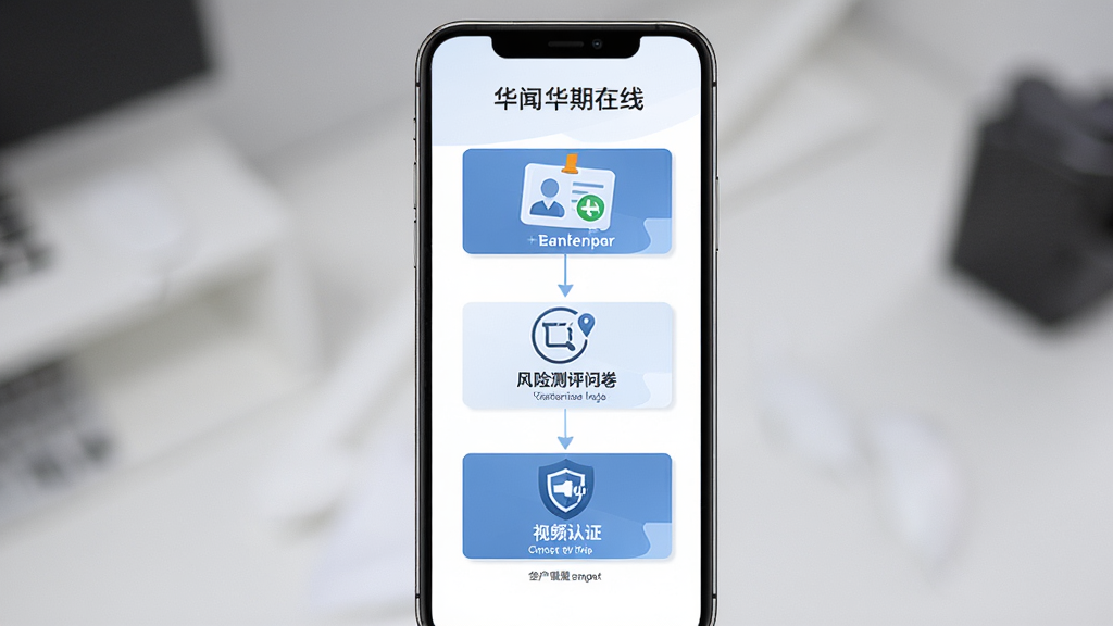 华闻e期在线开户流程界面展示,画面主体为手机屏幕中呈现开户步骤引导页,布局为纵向流程图形式,排版清晰有序,风格为简洁商务风,细节包含身份证上传图标、风险测评问卷、视频认证标识,画质高清,画面干净,无多余元素