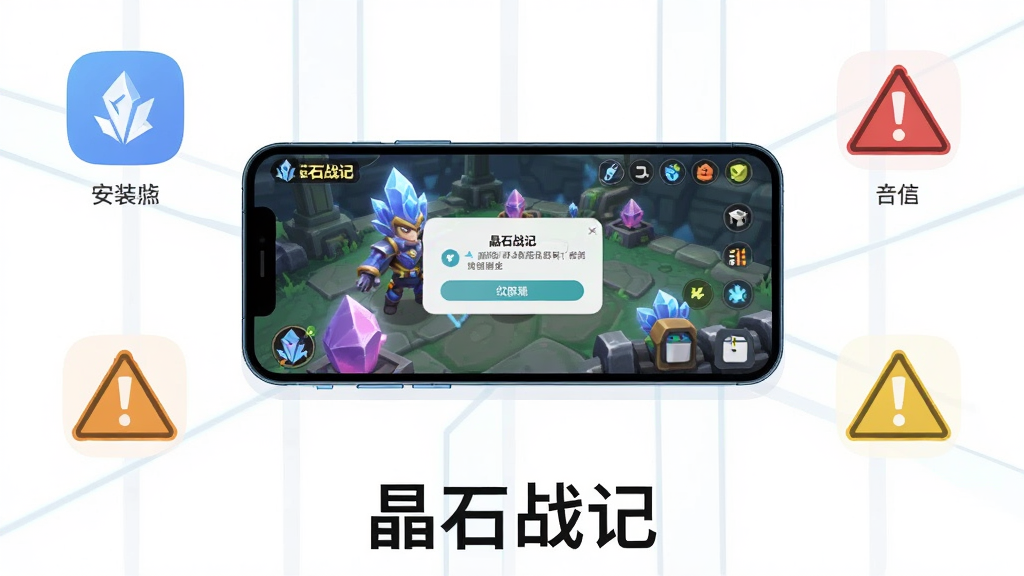 主体为一部智能手机屏幕显示晶石战记游戏界面,布局上手机居中、周围环绕安装步骤图标与警示标志,排版简洁清晰,风格为扁平化科技插画,细节包括游戏画面、权限弹窗、存储图标,画质干净明亮无多余元素,画面下方书写“晶石战记”