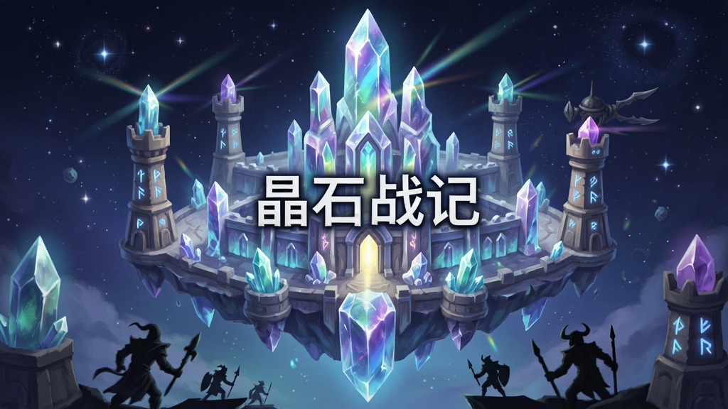 主体为一座悬浮在星空中的奇幻晶石堡垒,布局上堡垒居中、四周环绕发光晶石与防御塔,排版采用对称构图,风格为欧美奇幻卡牌插画风,细节包括晶石折射光芒、塔楼符文刻印、敌人剪影逼近,画质高清干净无多余元素,画面中央悬浮文字“晶石战记”