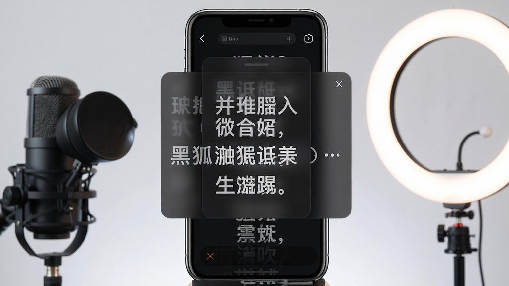 画面中央是一部竖屏手机,手机屏幕上显示黑狐提词应用的提词界面,文字为白色大字滚动显示,背景为深色半透明悬浮窗,手机左侧放着一支麦克风,右侧摆放环形补光灯,整体布局为居中构图,风格为清爽科技感产品展示图,细节包含手机边框高光、界面文字清晰、悬浮窗边缘柔和,画质高清干净无多余元素