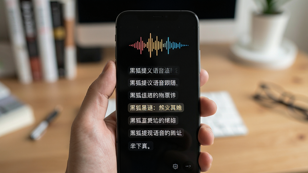 画面主体为一只手持手机的手,手机屏幕显示黑狐提词语音跟随界面,屏幕上有声波波形图标与滚动中的台词文字,背景为虚化的居家书桌环境,布局为近景特写,风格为生活化产品使用场景图,细节包含屏幕声波动画、文字逐行高亮,画质清晰干净无多余元素