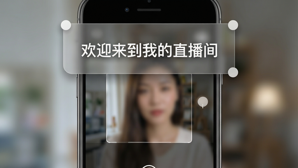 一张手机屏幕截图风格示意图,画面中相机取景框占据大部分区域,上方叠加一个半透明圆角矩形提词悬浮窗,悬浮窗内显示白色台词文字“欢迎来到我的直播间”,悬浮窗边缘有可拖拽的小圆点,整体风格简洁现代,布局为手机竖屏居中,细节包含取景框虚化背景、文字清晰锐利,画质高清干净无多余元素