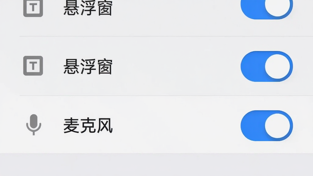 画面为手机系统设置界面示意图,页面中高亮显示“悬浮窗”权限开关与“麦克风”权限开关,开关呈开启状态为蓝色,背景为浅灰设置列表,布局为竖屏居中,风格为简洁系统设置示意图,细节包含权限图标、开关高光,画质高清干净无多余元素