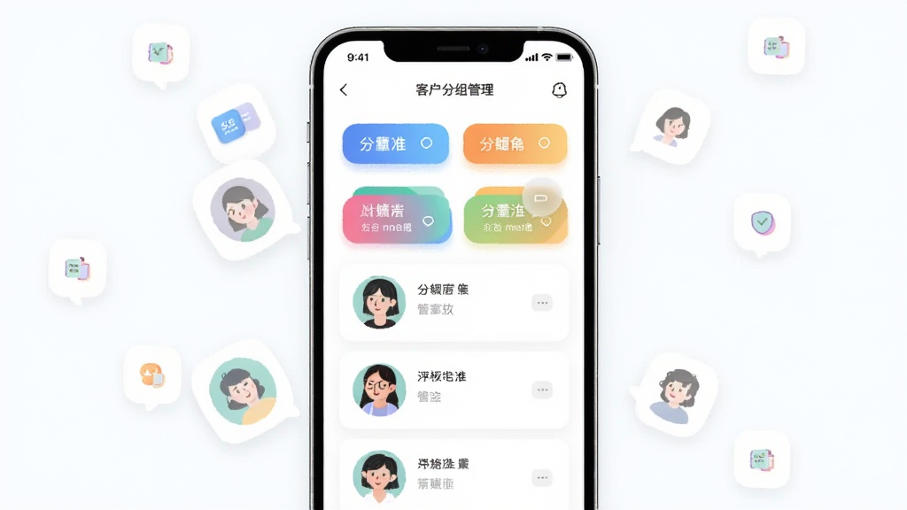 主体为手机界面中的客户分组管理页面,多个彩色分组标签与客户头像列表,布局为居中手机展示配合四周悬浮的小图标,排版为卡片式网格结构,风格为柔和清新插画,细节包含人物头像、分组色块与备注气泡,画质高清干净无多余元素