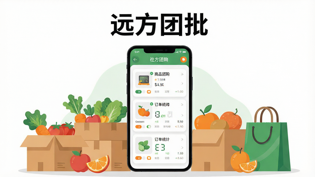 主体为一部竖屏安卓手机,屏幕中央显示社区团购管理界面,包含商品列表卡片与订单统计数字,手机周围环绕纸箱、蔬菜水果与购物袋等元素,布局为居中对称构图,上方留白放置标题文字“远方团批”,排版简洁清晰,风格为扁平化现代商务插画,细节包含圆角卡片、柔和阴影与绿色橙色点缀,画质高清干净无多余元素