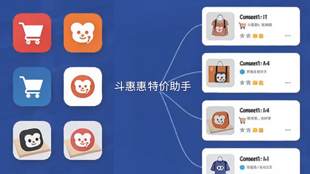 一张横向排版的界面示意图,左侧为多个购物平台图标,右侧汇聚成一条商品信息流,中央标注