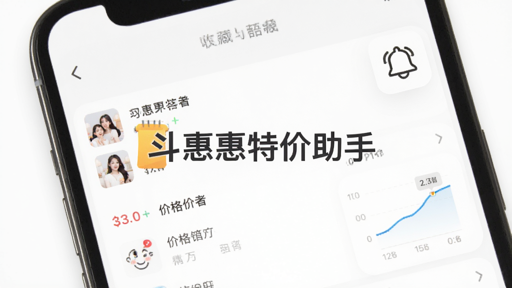 手机界面展示收藏列表与价格曲线小图,旁边有铃铛提醒图标,画面中央出现