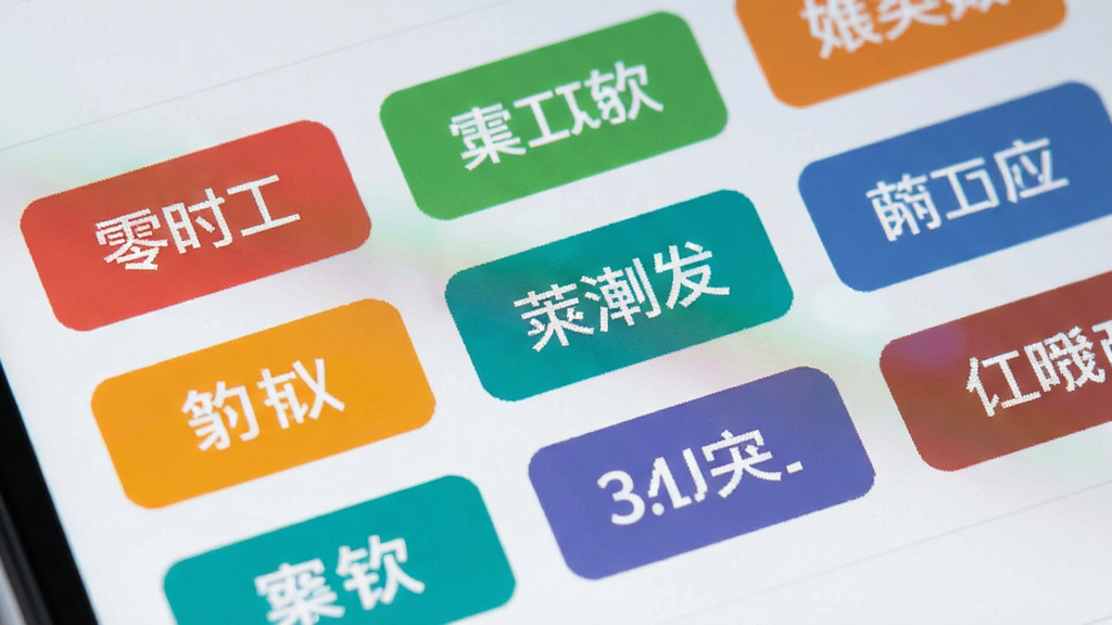 零时工软件界面中岗位分类标签的局部特写,画面展示多个彩色分类标签整齐排列,标签上写有不同岗位类型名称,背景为浅灰色,风格扁平化设计,细节清晰,画质干净