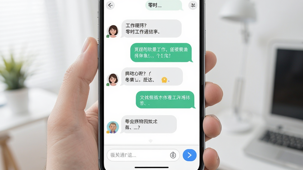零时工软件聊天沟通界面示意图,画面展示手机屏幕内对话气泡往来,双方正在沟通工作细节,界面底部有输入框与发送按钮,整体风格简洁明快,画质清晰,布局干净