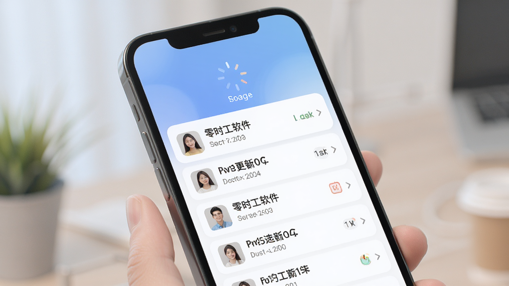 零时工软件岗位列表刷新动态效果展示,画面中手机屏幕显示列表内容正在更新,顶部有加载动画,整体色调柔和,风格现代简洁,细节丰富,画质干净