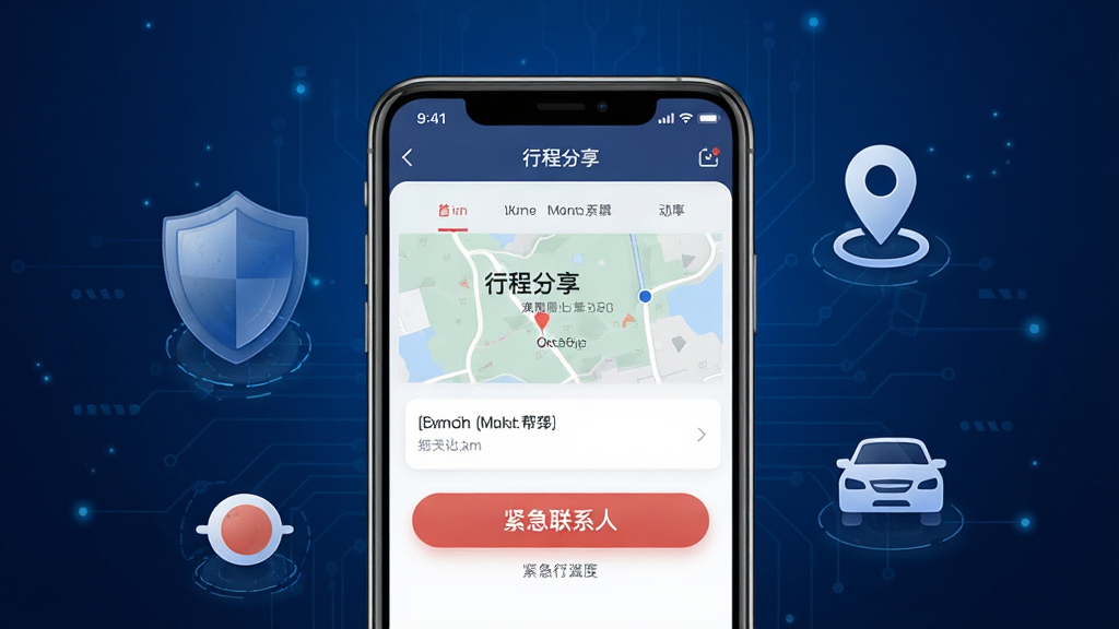 一张帮邦行安全功能展示图,画面以手机屏幕为中心,屏幕内显示行程分享界面与紧急联系人按钮,屏幕周围环绕盾牌、定位图标与车辆图标,背景为深蓝色科技感渐变,风格简洁商务,细节清晰,画质干净,无多余元素