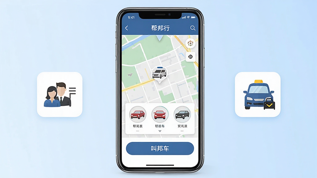 一张展示帮邦行手机应用界面的场景图,画面中央是一部竖屏智能手机,屏幕上显示帮邦行叫车首页,包含地图、车辆图标与叫车按钮,手机两侧分别放置乘客端与司机端小图标,背景为浅蓝色渐变,风格简洁现代,细节清晰,画质干净,无多余元素