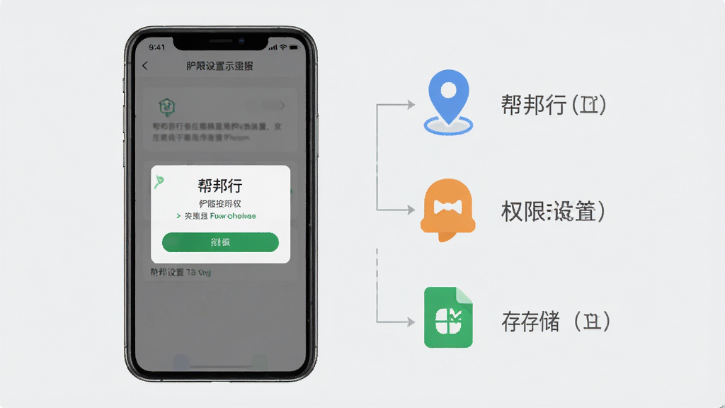 一张帮邦行应用安装与权限设置示意图,画面为手机屏幕显示权限授权弹窗,旁边配有定位图标、通知图标与存储图标,背景为浅灰色,风格简洁清晰,细节干净,无多余元素